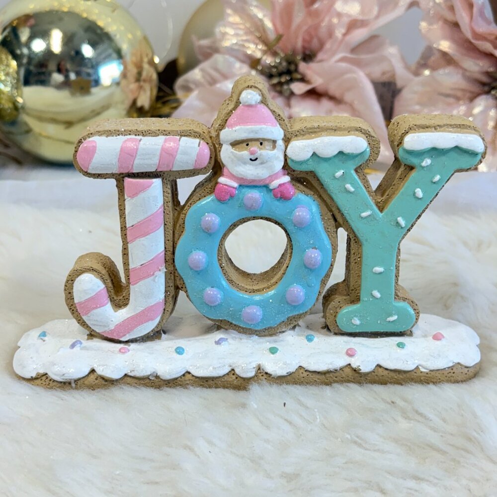 Christmas Gingerbread Pastel Santa Joy Decor 7" Resin Table top Sign New